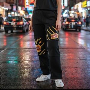 Burning Torch Embroidered Black pants